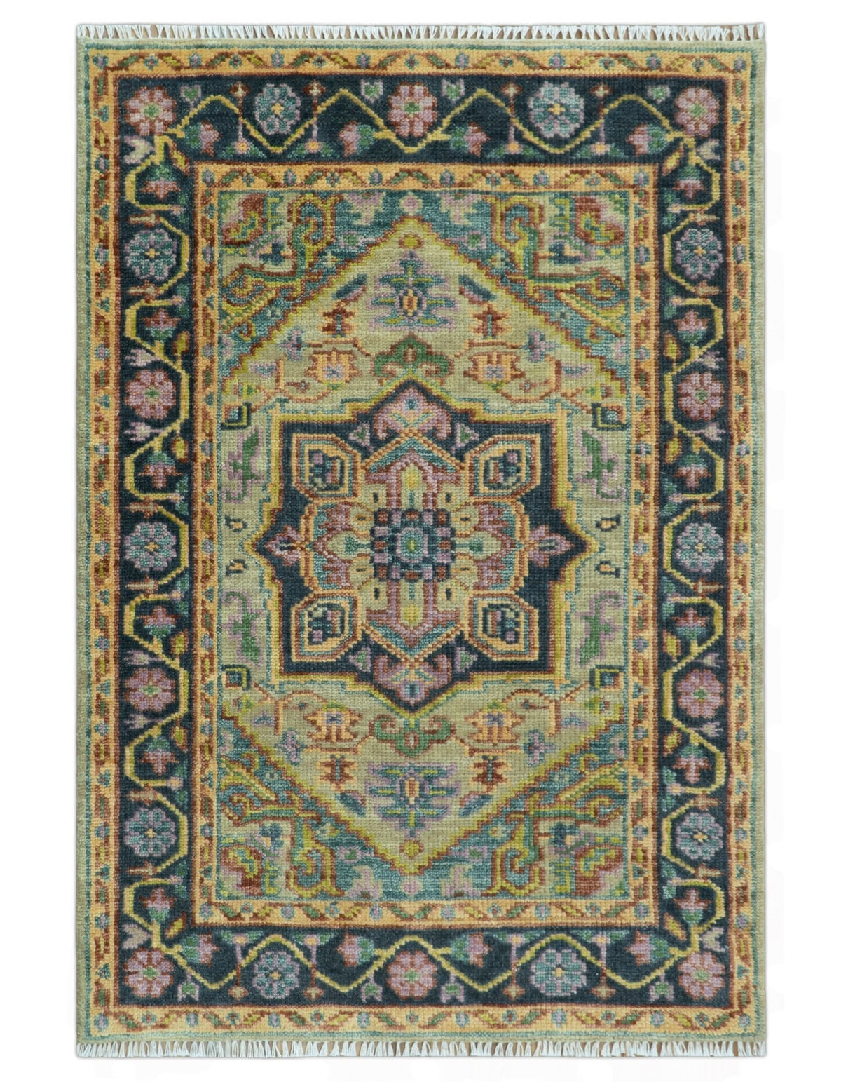 Antique Moss Green and Pink Traditional Multi Size Wool Area Rug.