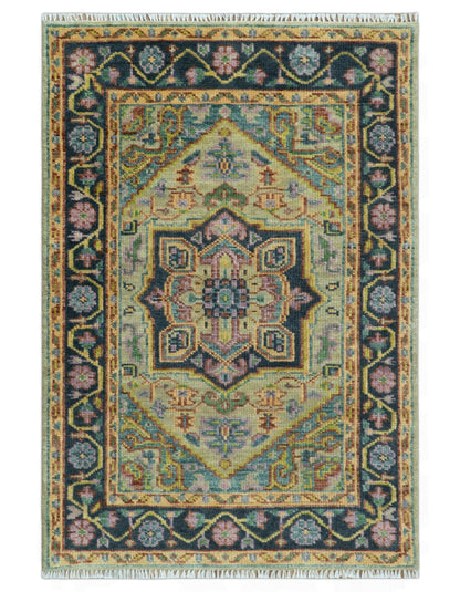 Antique Moss Green and Pink Traditional Multi Size Wool Area Rug.
