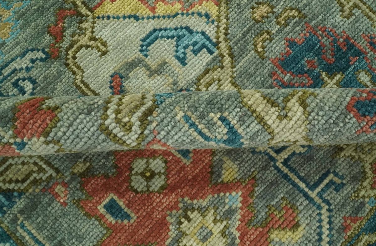 Antique Moss Green Silver and Teal Traditional Oushak Hand knotted Custom Made wool Area Rug.