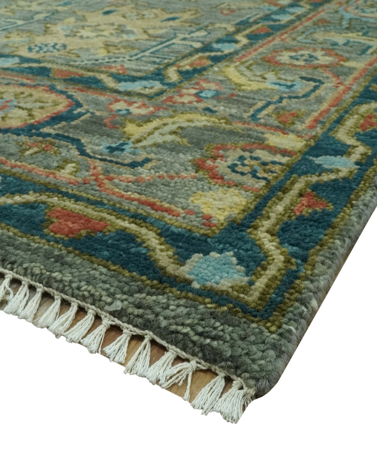 Antique Moss Green Silver and Teal Traditional Oushak Hand knotted Custom Made wool Area Rug.