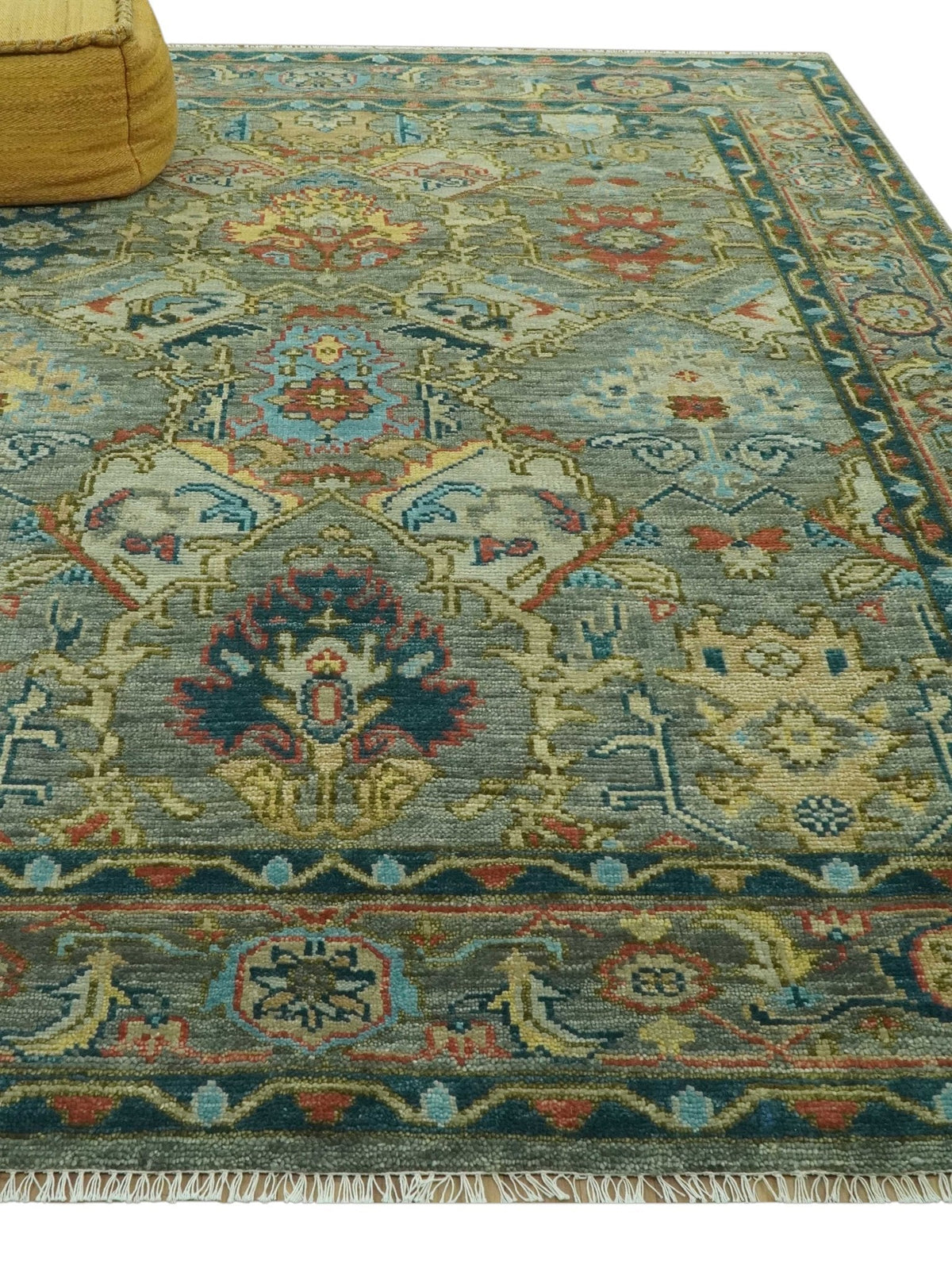Antique Moss Green Silver and Teal Traditional Oushak Hand knotted Custom Made wool Area Rug.