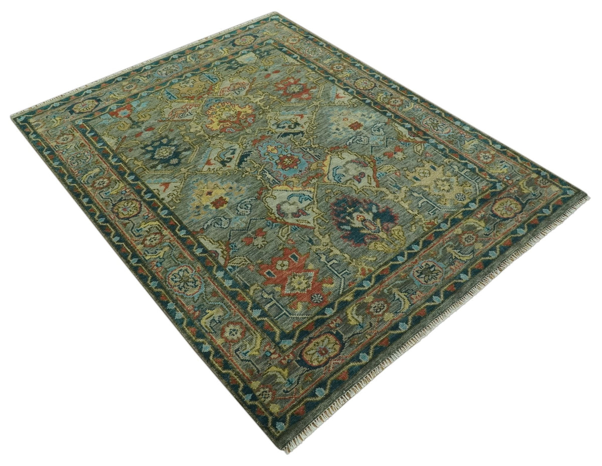 Antique Moss Green Silver and Teal Traditional Oushak Hand knotted Custom Made wool Area Rug.