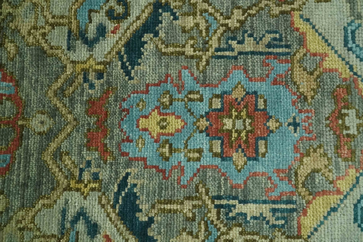 Antique Moss Green Silver and Teal Traditional Oushak Hand knotted Custom Made wool Area Rug.