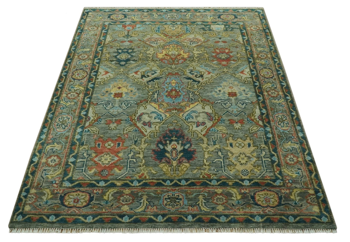 Antique Moss Green Silver and Teal Traditional Oushak Hand knotted Custom Made wool Area Rug.