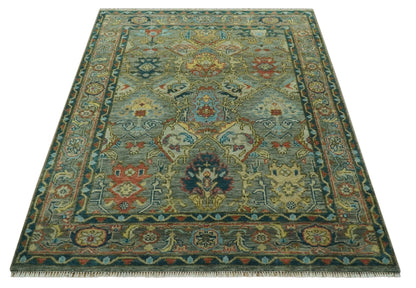 Antique Moss Green Silver and Teal Traditional Oushak Hand knotted Custom Made wool Area Rug.