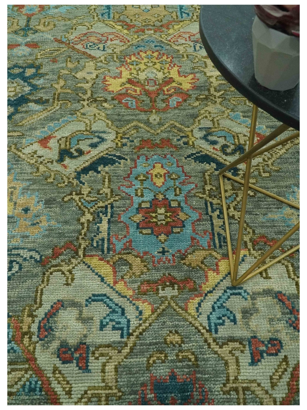 Antique Moss Green Silver and Teal Traditional Oushak Hand knotted Custom Made wool Area Rug.