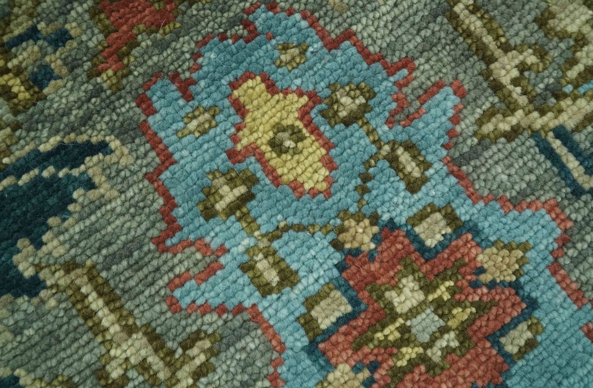 Antique Moss Green Silver and Teal Traditional Oushak Hand knotted Custom Made wool Area Rug.