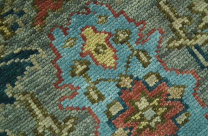 Antique Moss Green Silver and Teal Traditional Oushak Hand knotted Custom Made wool Area Rug.