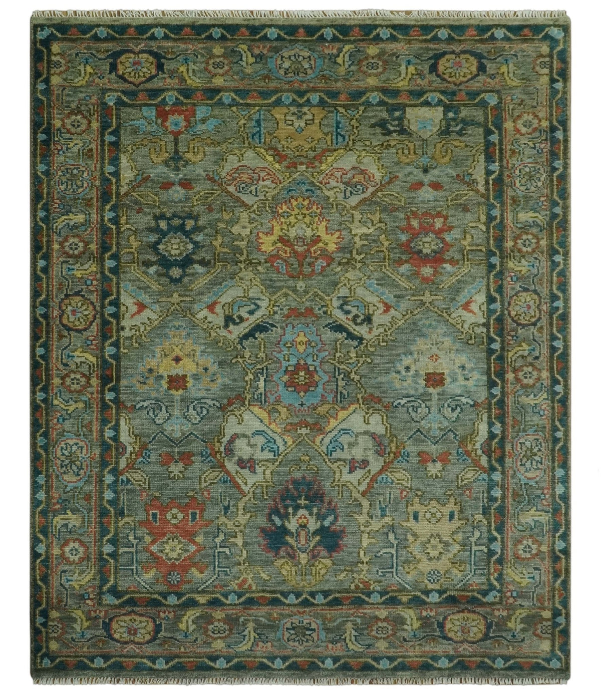 Antique Moss Green Silver and Teal Traditional Oushak Hand knotted Custom Made wool Area Rug.