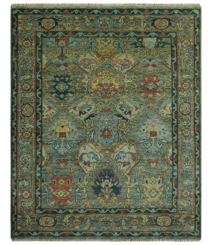 Antique Moss Green Silver and Teal Traditional Oushak Hand knotted Custom Made wool Area Rug.