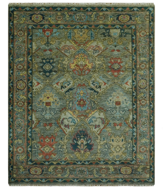 Antique Moss Green Silver and Teal Traditional Oushak Hand knotted Custom Made wool Area Rug.