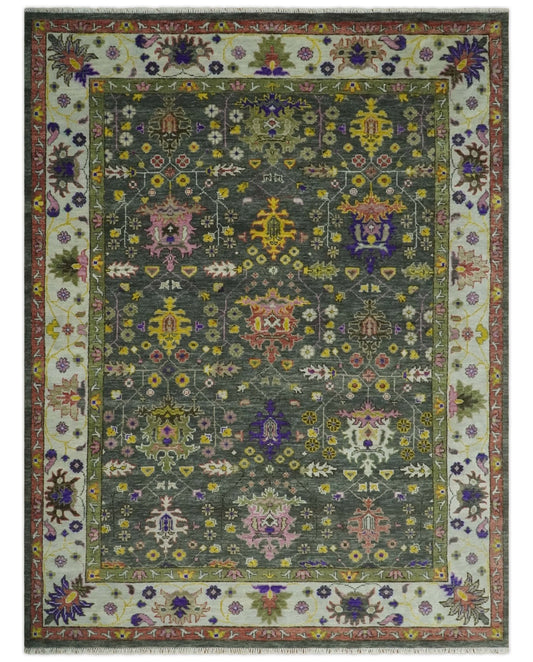 Hand Knotted Green And Ivory Traditional Oushak Custom Made Wool Area Rug.