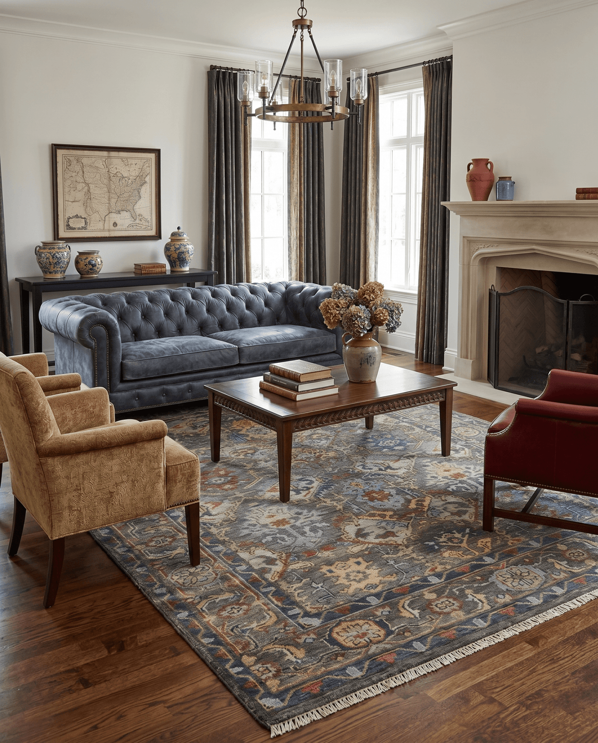 Antique Moss Traditional Oushak Charcoal, Brown and Blue Hand knotted Custom Made Rug.