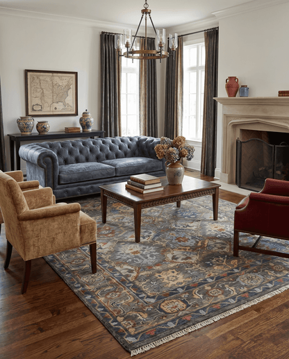 Antique Moss Traditional Oushak Charcoal, Brown and Blue Hand knotted Custom Made Rug.