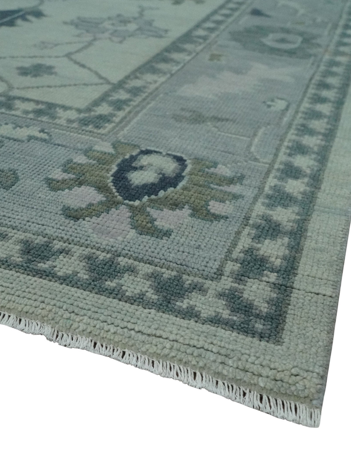 Antique Hand Knotted Beige and Silver Traditional Oushak wool Area Rug.