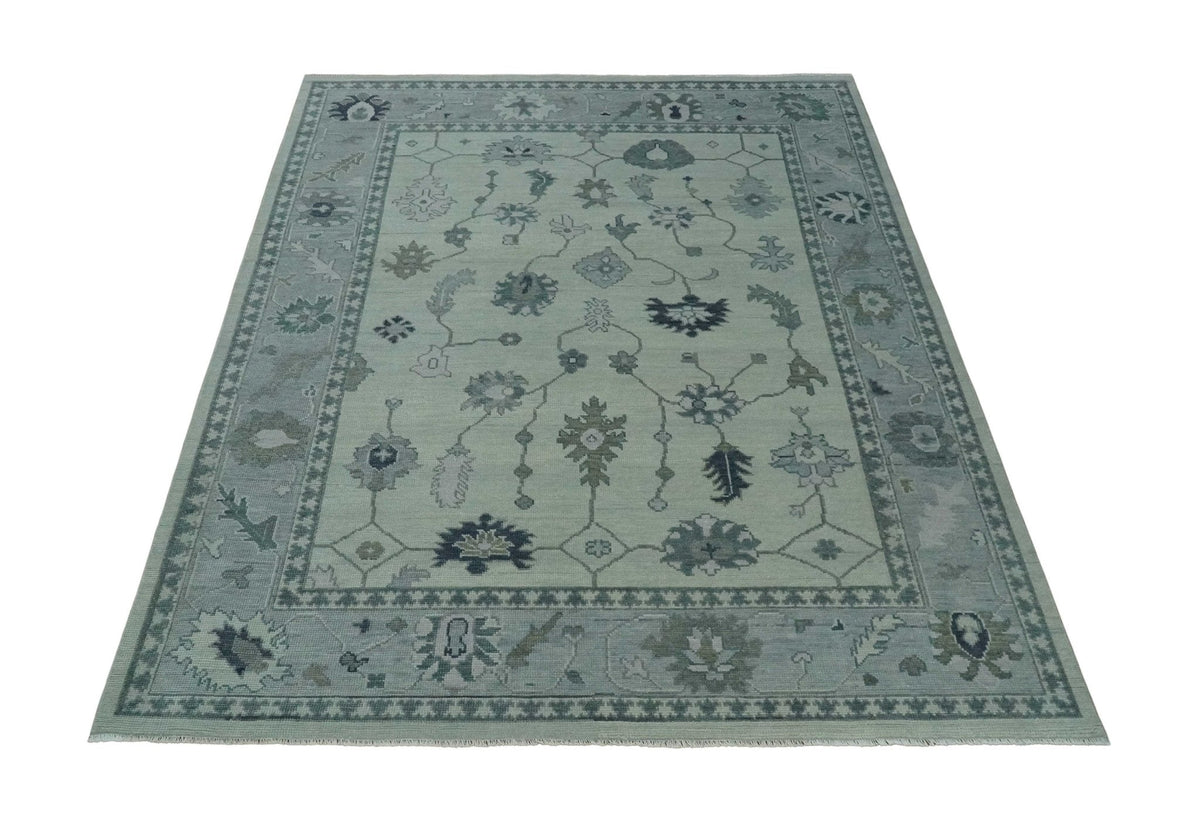 Antique Hand Knotted Beige and Silver Traditional Oushak wool Area Rug.