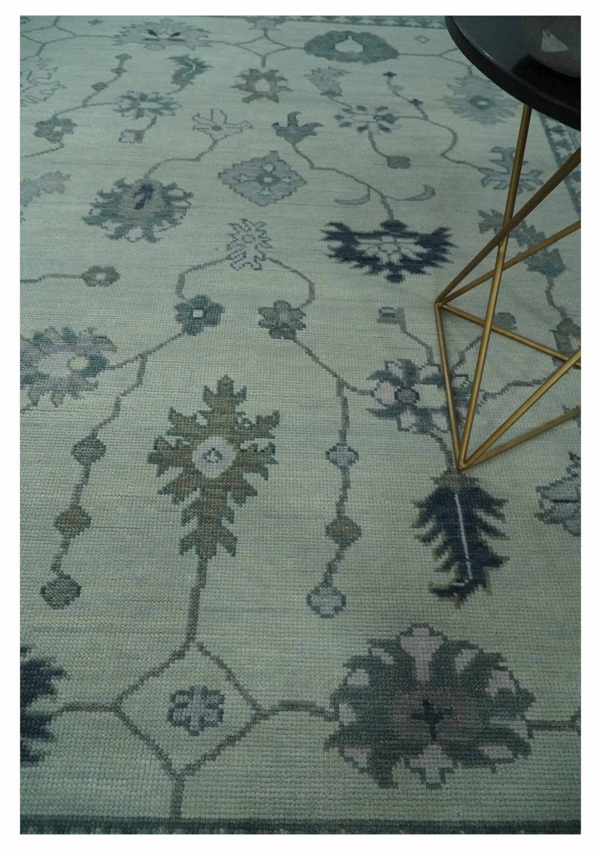 Antique Hand Knotted Beige and Silver Traditional Oushak wool Area Rug.