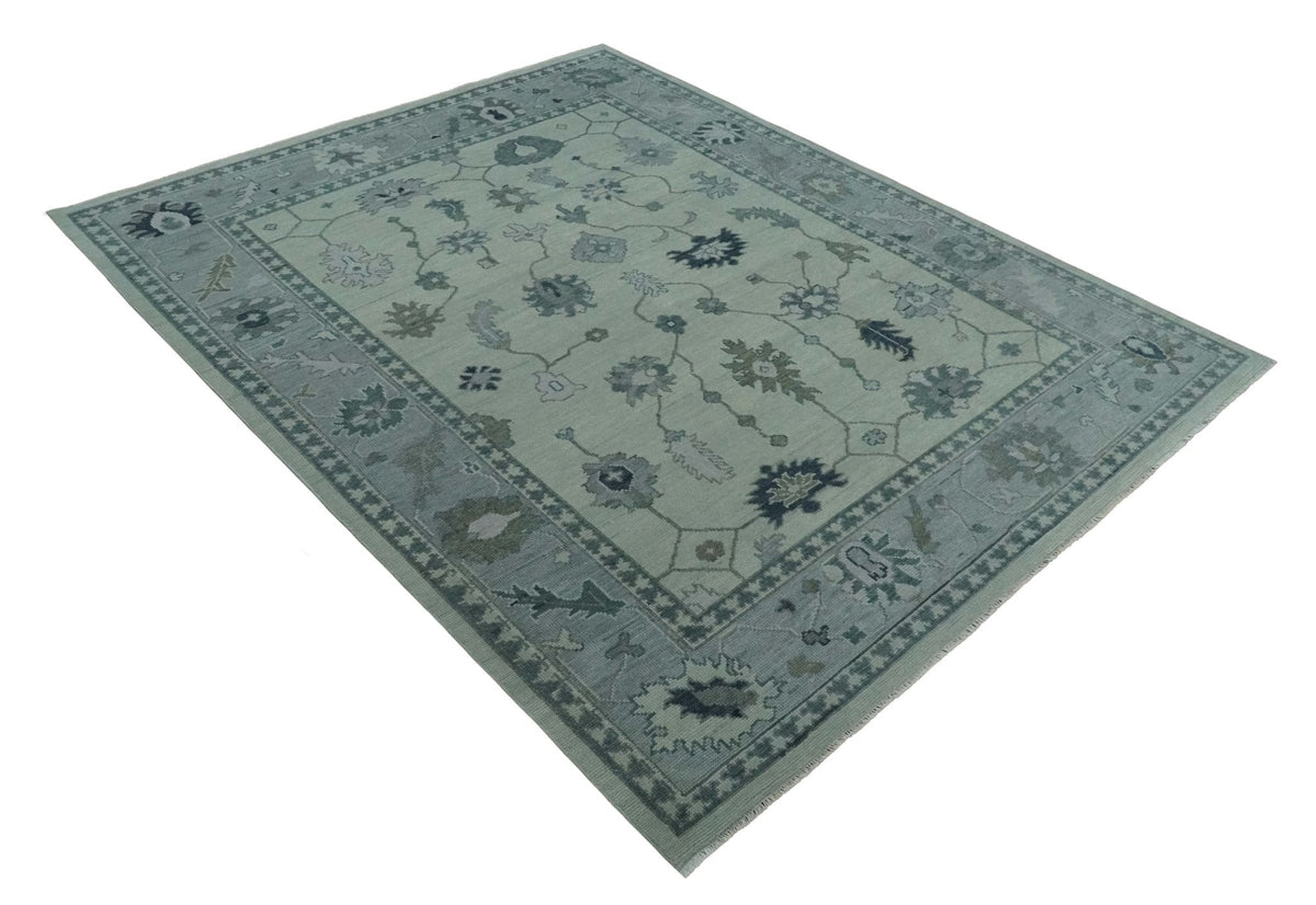 Antique Hand Knotted Beige and Silver Traditional Oushak wool Area Rug.