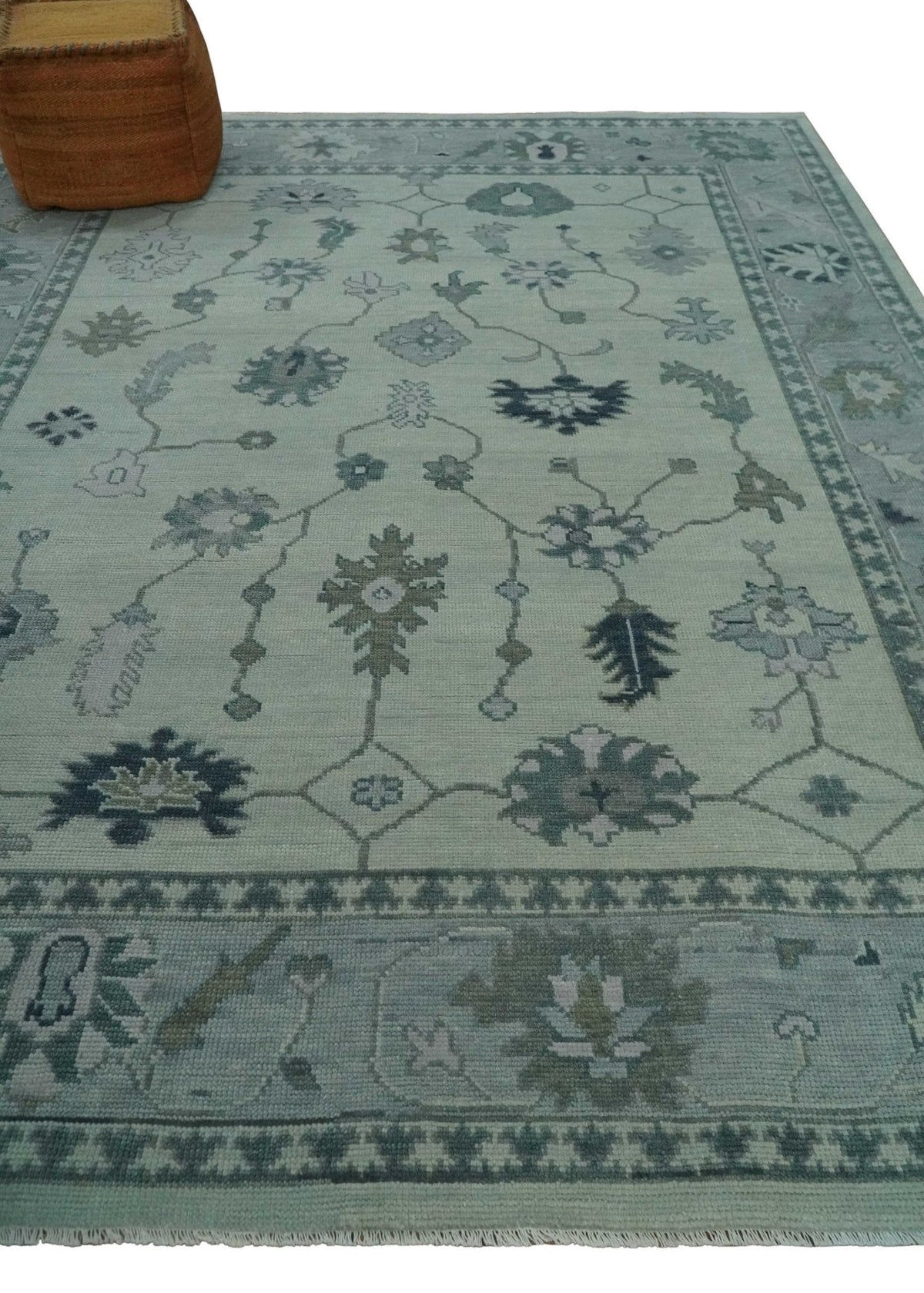 Antique Hand Knotted Beige and Silver Traditional Oushak wool Area Rug.