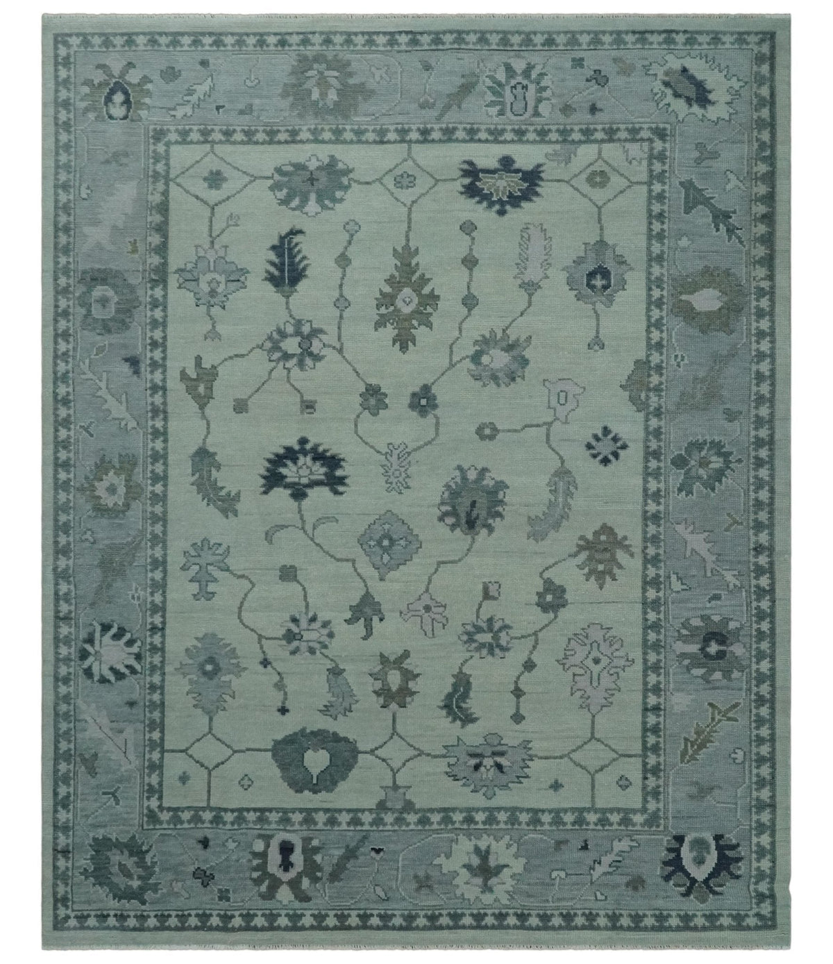 Antique Hand Knotted Beige and Silver Traditional Oushak wool Area Rug.