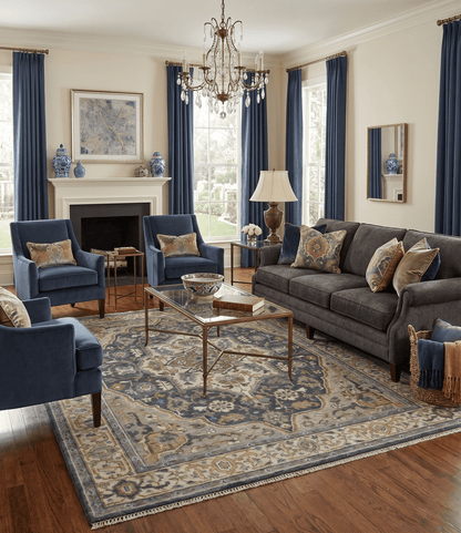 Antique Muted Traditional Heriz Blue ,Beige and Brown Hand knotted Custom made wool Area Rug.