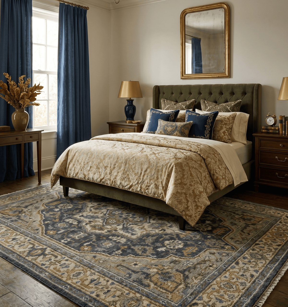 Antique Muted Traditional Heriz Blue ,Beige and Brown Hand knotted Custom made wool Area Rug.