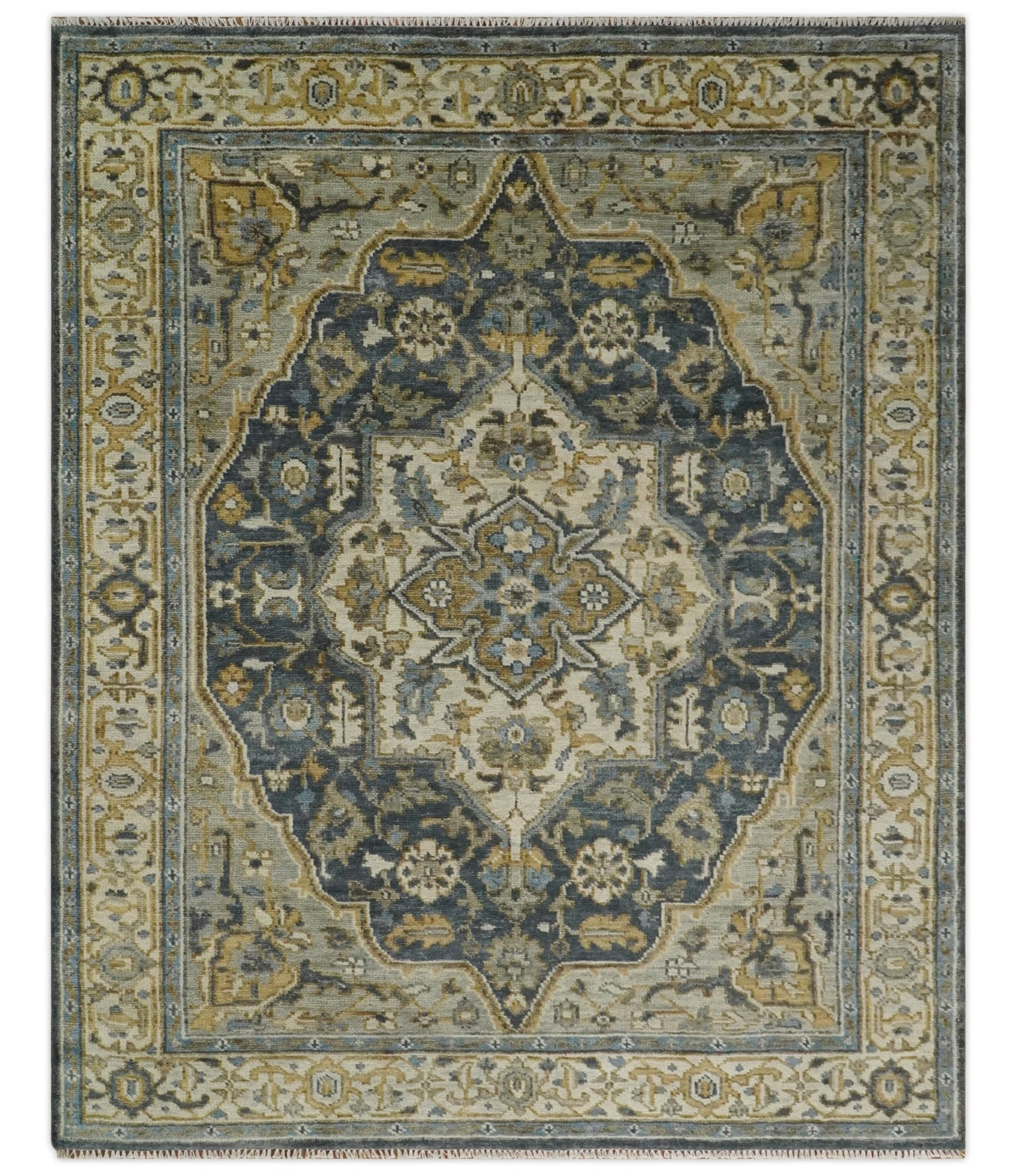 Antique Muted Traditional Heriz Blue ,Beige and Brown Hand knotted Custom made wool Area Rug.