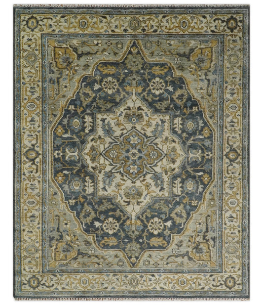 Antique Muted Traditional Heriz Blue ,Beige and Brown Hand knotted Custom made wool Area Rug.