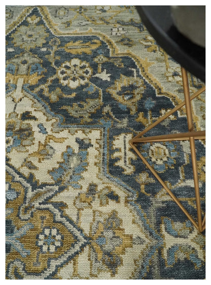 Antique Muted Traditional Heriz Blue ,Beige and Brown Hand knotted Custom made wool Area Rug.