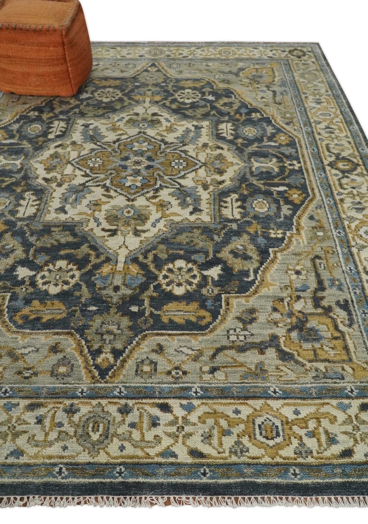 Antique Muted Traditional Heriz Blue ,Beige and Brown Hand knotted Custom made wool Area Rug.