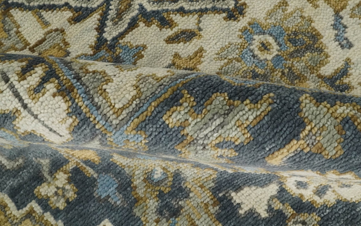 Antique Muted Traditional Heriz Blue ,Beige and Brown Hand knotted Custom made wool Area Rug.