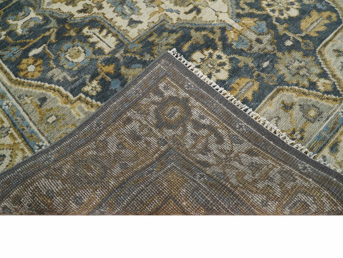 Antique Muted Traditional Heriz Blue ,Beige and Brown Hand knotted Custom made wool Area Rug.
