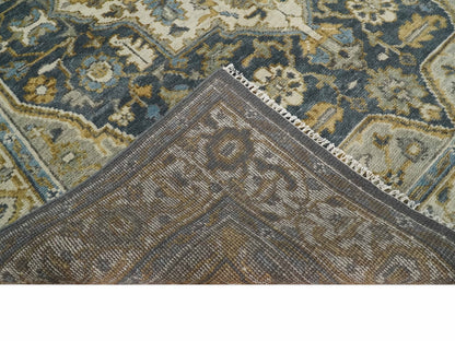 Antique Muted Traditional Heriz Blue ,Beige and Brown Hand knotted Custom made wool Area Rug.