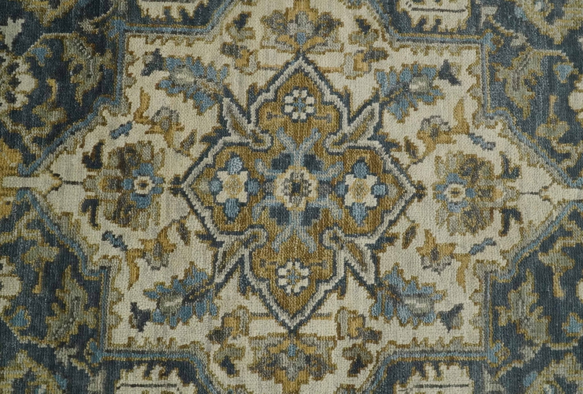 Antique Muted Traditional Heriz Blue ,Beige and Brown Hand knotted Custom made wool Area Rug.