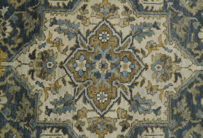 Antique Muted Traditional Heriz Blue ,Beige and Brown Hand knotted Custom made wool Area Rug.