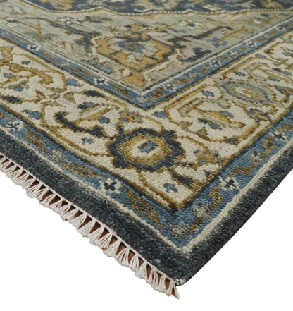 Antique Muted Traditional Heriz Blue ,Beige and Brown Hand knotted Custom made wool Area Rug.