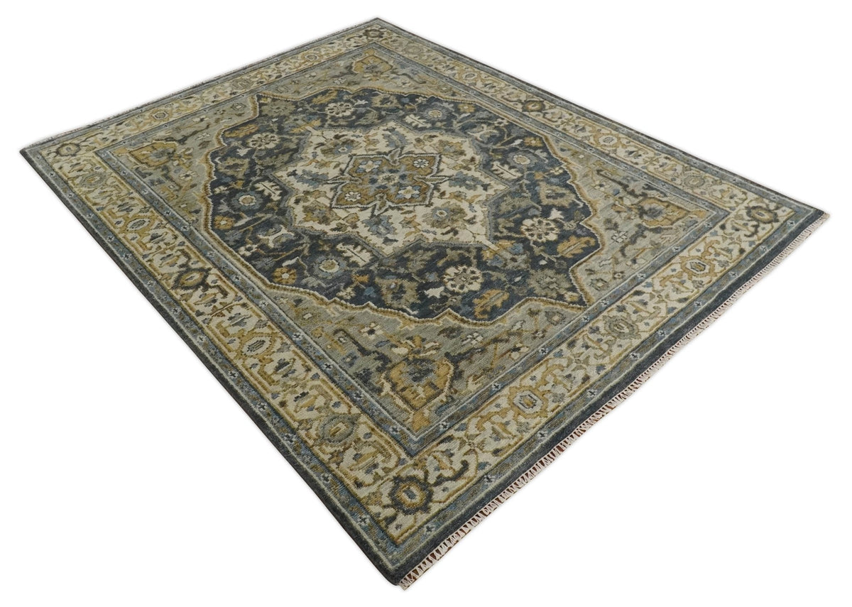 Antique Muted Traditional Heriz Blue ,Beige and Brown Hand knotted Custom made wool Area Rug.