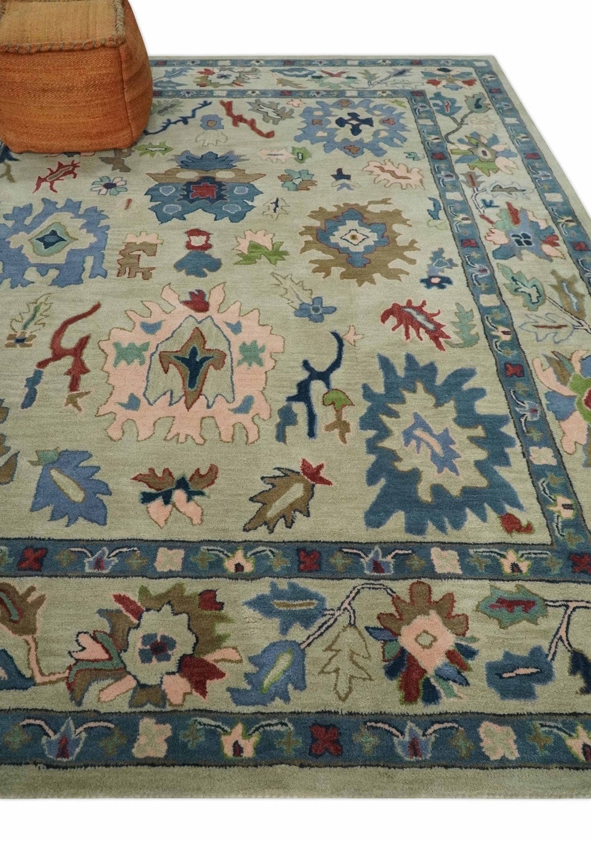 Hand Tufted Beige And Blue Traditional Oushak Custom Made wool Area Rug.