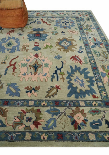 Hand Tufted Beige And Blue Traditional Oushak Custom Made wool Area Rug.