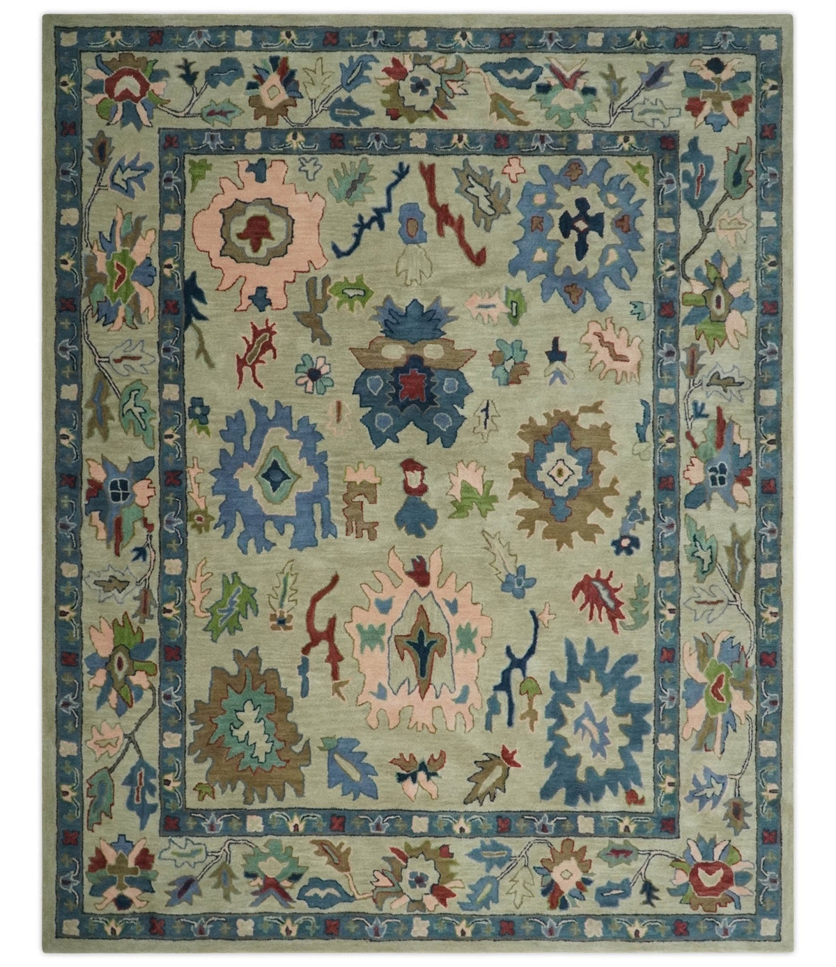 Hand Tufted Beige And Blue Traditional Oushak Custom Made wool Area Rug.