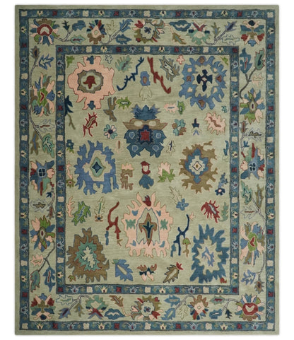 Hand Tufted Beige And Blue Traditional Oushak Custom Made wool Area Rug.