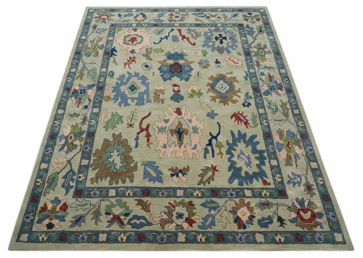 Hand Tufted Beige And Blue Traditional Oushak Custom Made wool Area Rug.