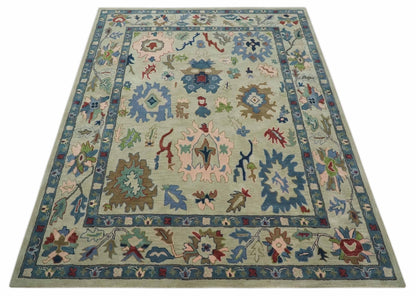 Hand Tufted Beige And Blue Traditional Oushak Custom Made wool Area Rug.