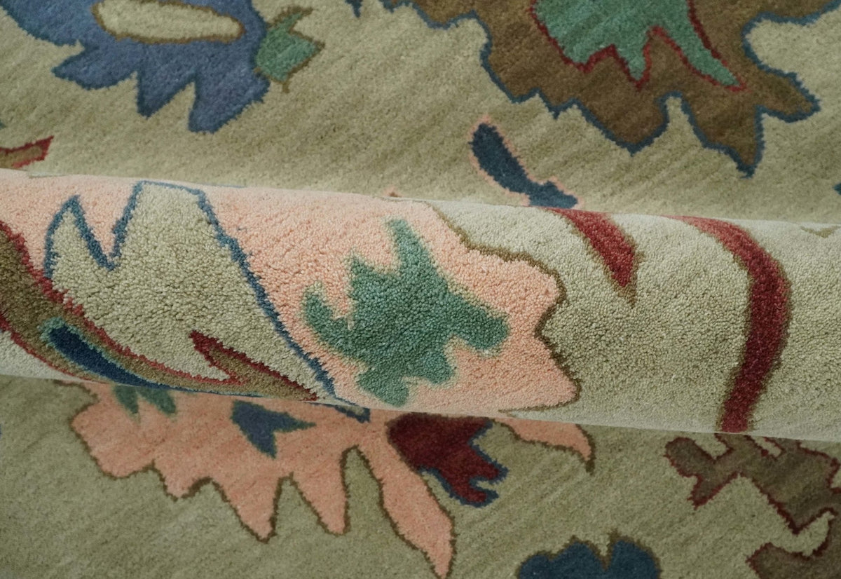 Hand Tufted Beige And Blue Traditional Oushak Custom Made wool Area Rug.