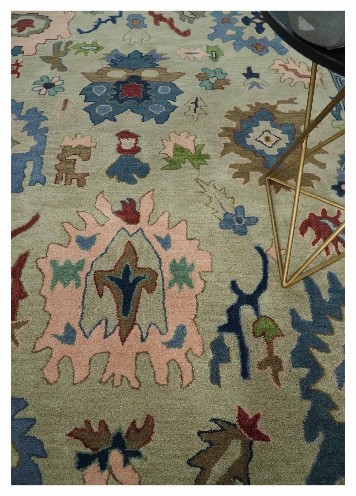 Hand Tufted Beige And Blue Traditional Oushak Custom Made wool Area Rug.