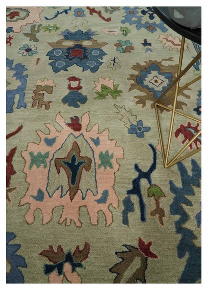 Hand Tufted Beige And Blue Traditional Oushak Custom Made wool Area Rug.