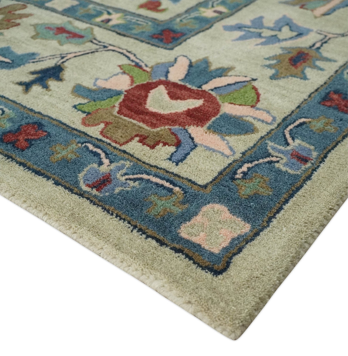 Hand Tufted Beige And Blue Traditional Oushak Custom Made wool Area Rug.