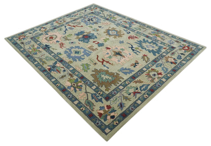Hand Tufted Beige And Blue Traditional Oushak Custom Made wool Area Rug.