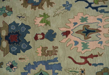 Hand Tufted Beige And Blue Traditional Oushak Custom Made wool Area Rug.