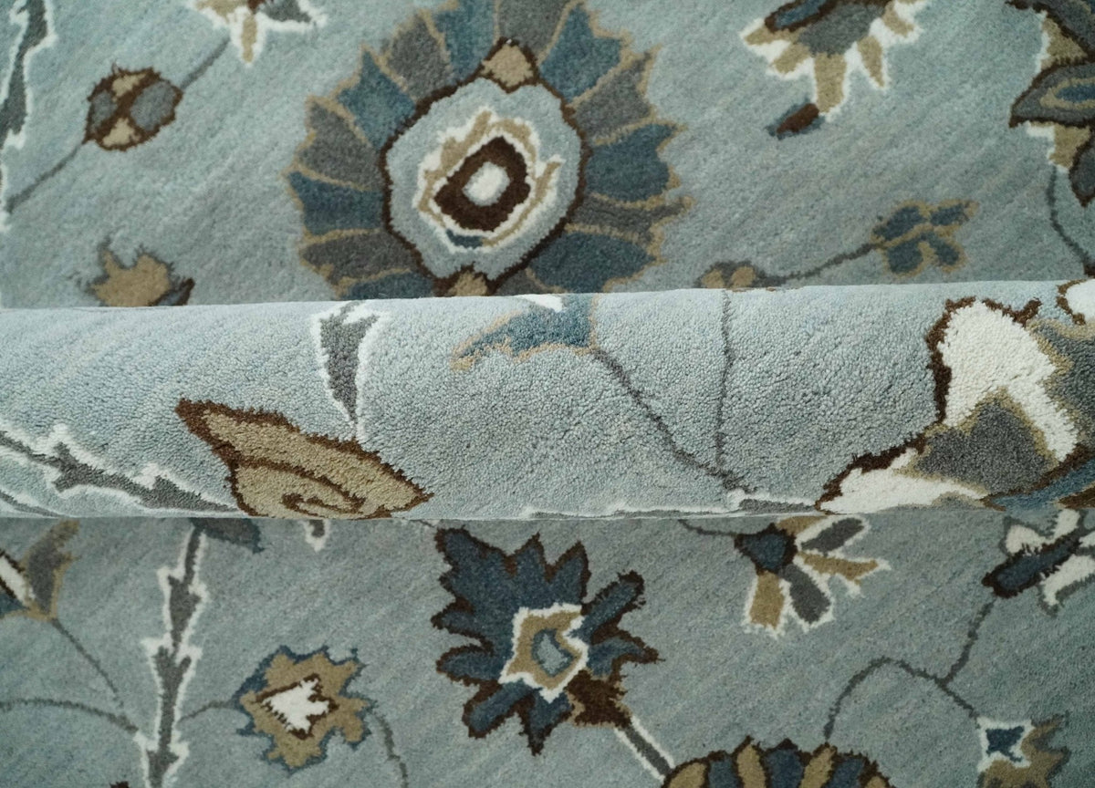 Blue and Brown Traditional Oriental Oushak Hand Tufted Custom Made wool Area Rug.